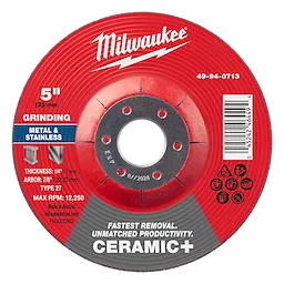 5" x 1/4" x 7/8" Ceramic+ Metal Grinding Wheel, Type 27. Designed for metal and stainless grinding, max RPM 12,250.