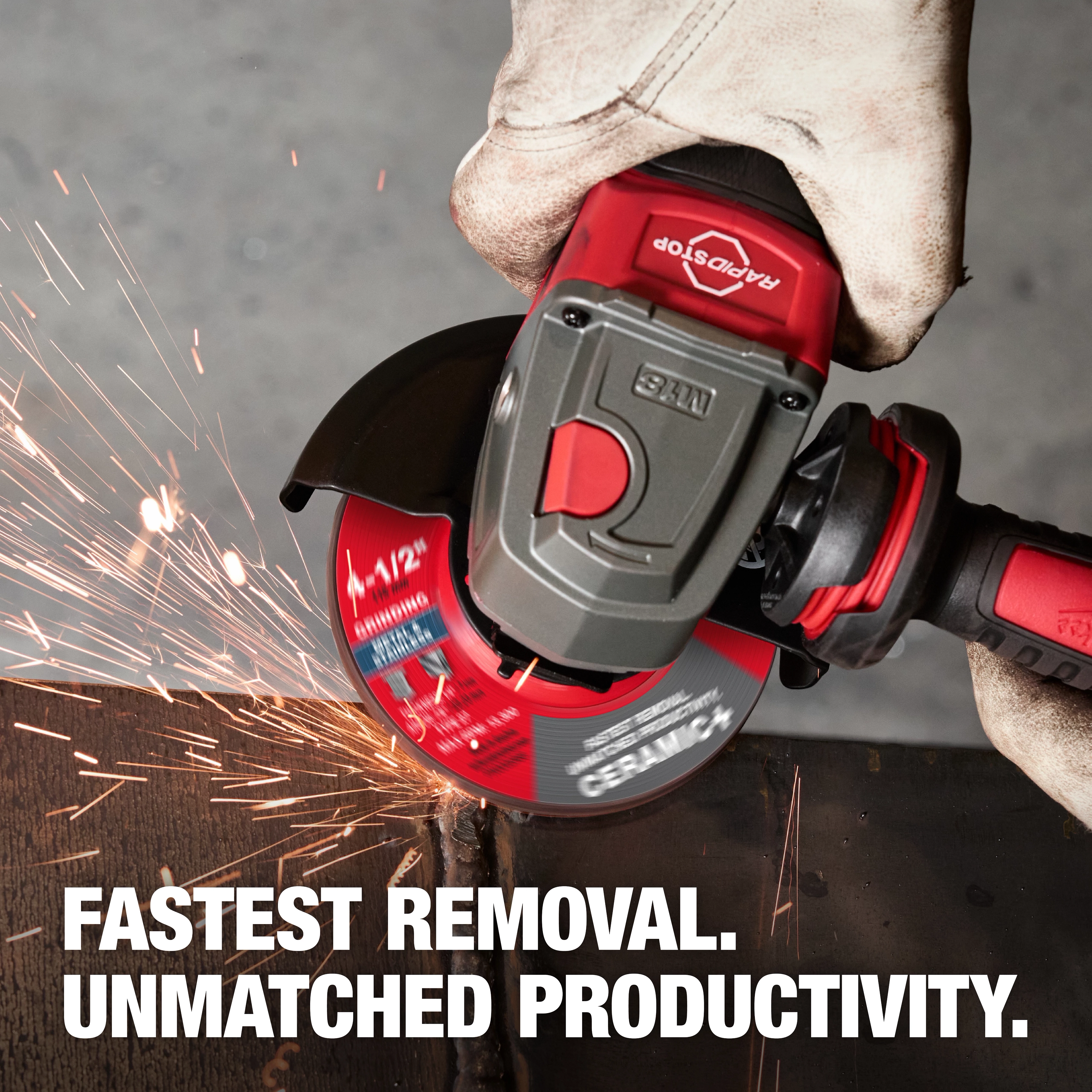 Bonded Abrasives Grinding disc in use with an angle grinder, producing sparks while cutting metal. Text reads: "Fastest Removal. Unmatched Productivity."