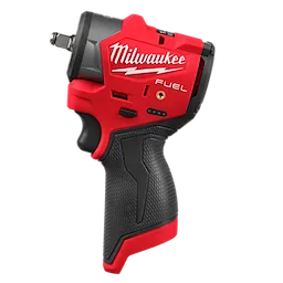 This is an image of the Milwaukee M12 FUEL™ 3/8" Subcompact Impact Wrench with Friction Ring. It features a black and red body with the Milwaukee logo on the side. The handle has a rubberized grip for comfort.