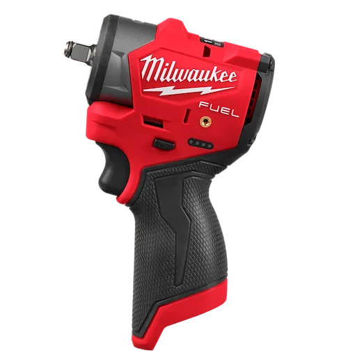 This is an image of the Milwaukee M12 FUEL™ 3/8" Subcompact Impact Wrench with Friction Ring. It features a black and red body with the Milwaukee logo on the side. The handle has a rubberized grip for comfort.