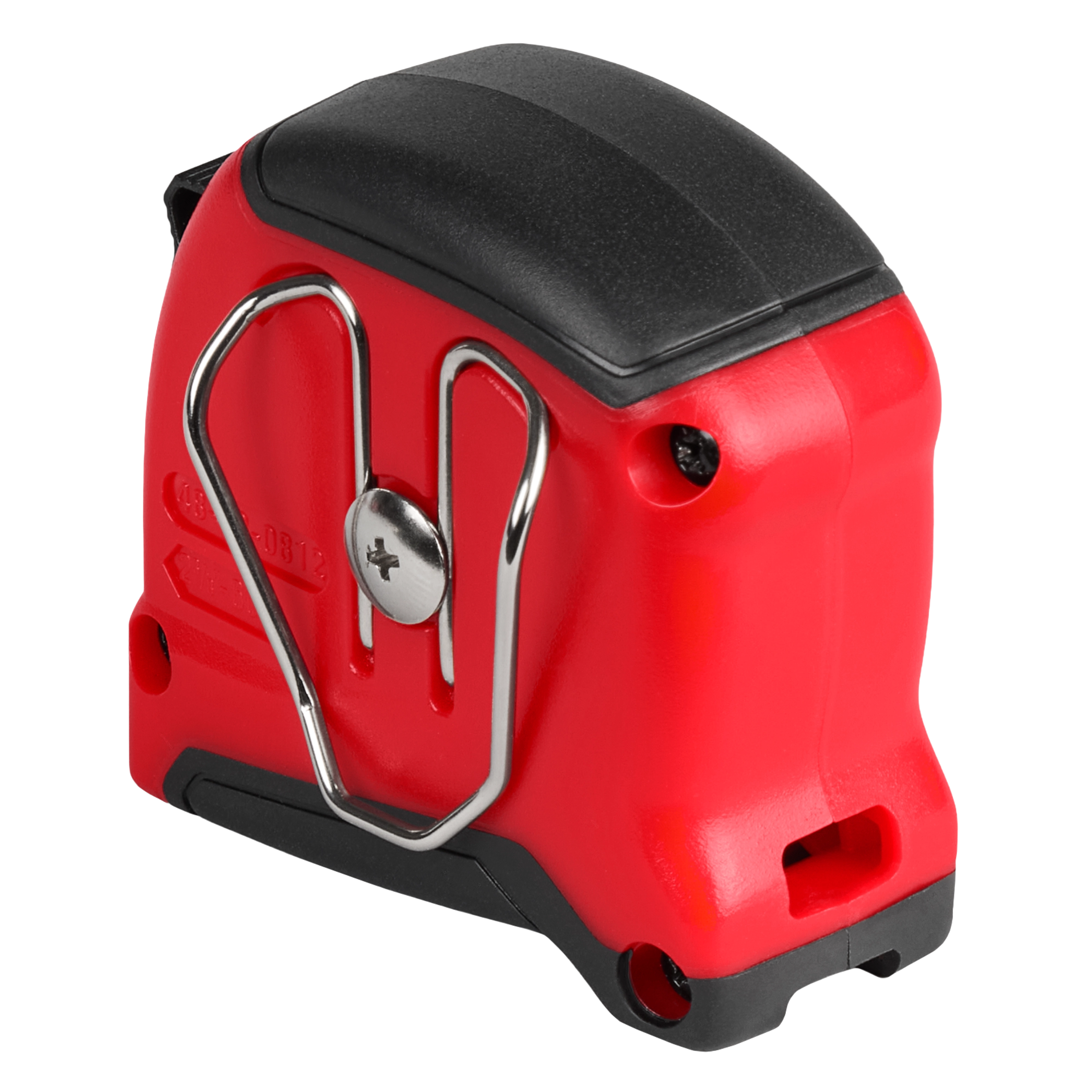 Compact red and black 12ft Tape Measure with metal belt clip on the side.