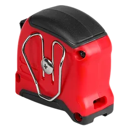 Compact red and black 12ft Tape Measure with metal belt clip on the side.
