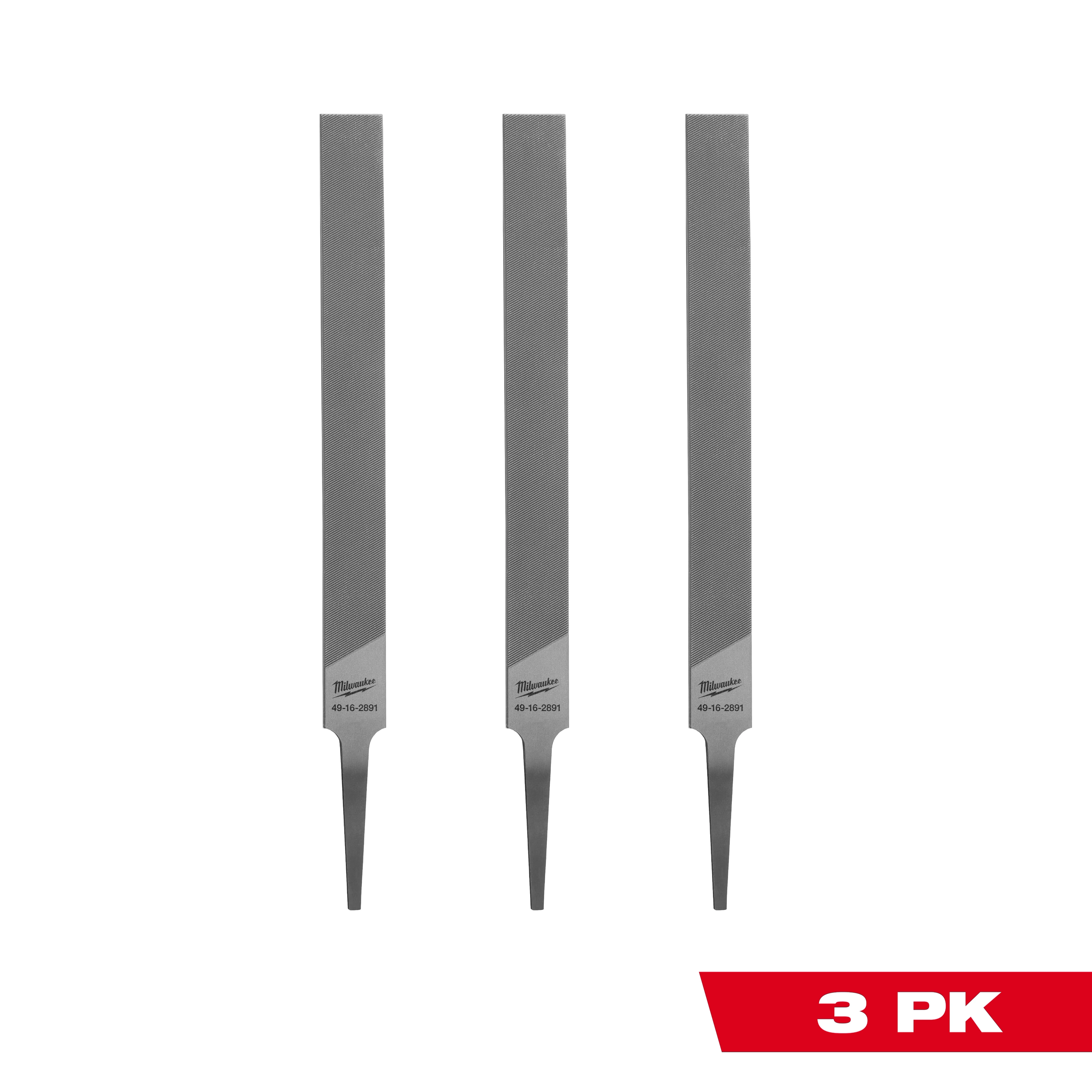 Three Flat Files for Saw Chains are displayed vertically in the image. The files appear identical, with rectangular bodies and tapered ends. They are packaged as a 3 PK, indicated by the red label at the bottom right corner.