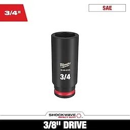Milwaukee SHOCKWAVE 3/8 in. Drive 3/4 in. Deep 6 Point Impact Socket in black. Features a red band and white text indicating "3/4." Suitable for SAE measurements, designed for "Impact Duty," product code 49-66-6125. Image includes "3/4"" and "3/8" Drive" text labels.