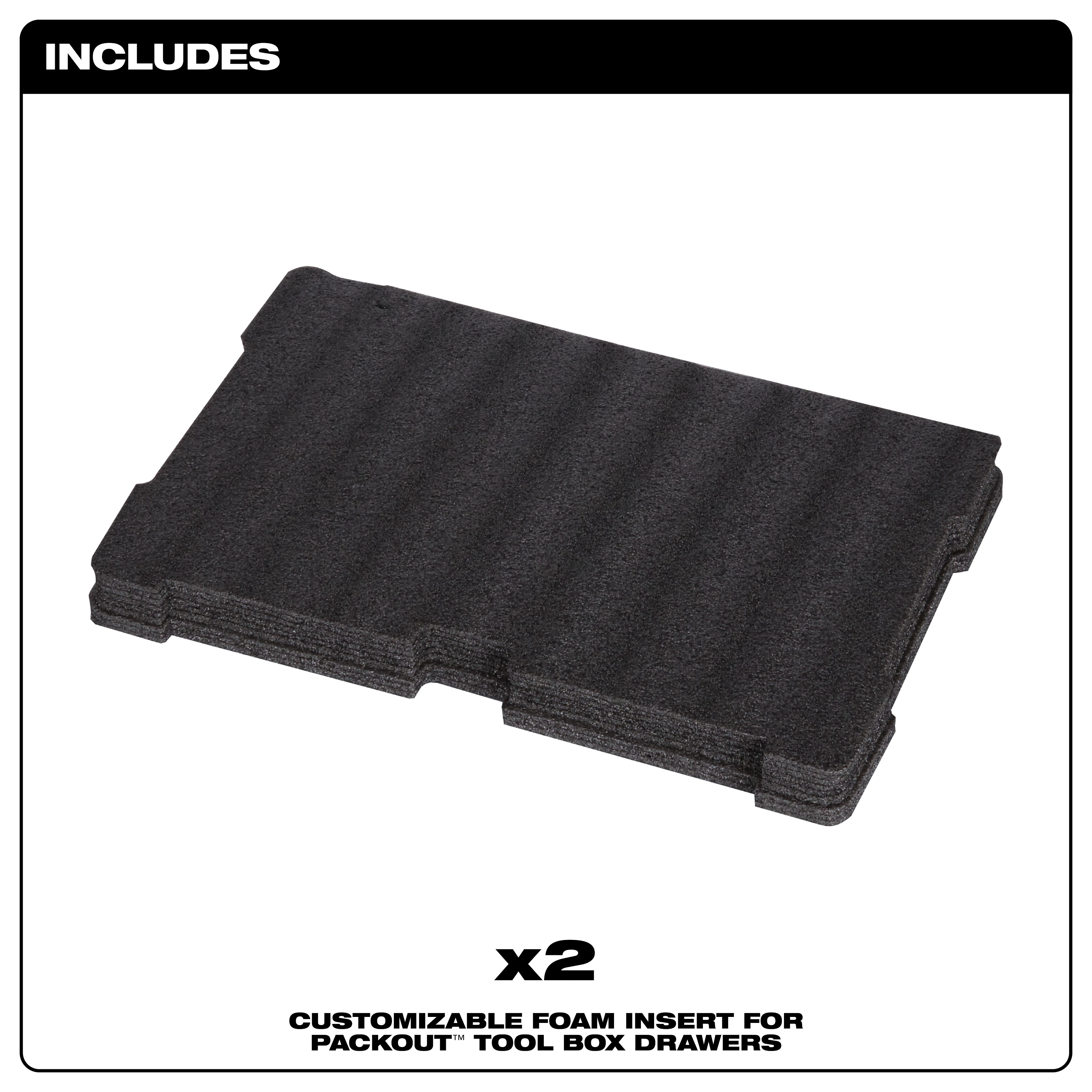Black Customizable Foam Insert for tool box drawers, shown as a single piece. Packaging indicates two pieces included.