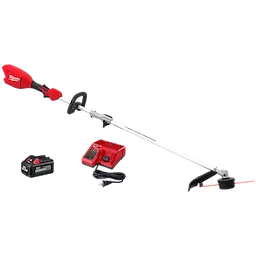 M18 QUIK-LOK Brushless 15” String Trimmer Kit with trimmer, battery, and charger on a plain background.