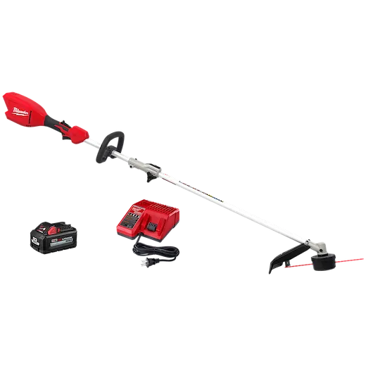 M18 QUIK-LOK Brushless 15” String Trimmer Kit with trimmer, battery, and charger on a plain background.