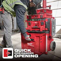 A worker uses one hand to open the Milwaukee Packout storage system. Text overlay reads, "Quick One-Handed Opening."