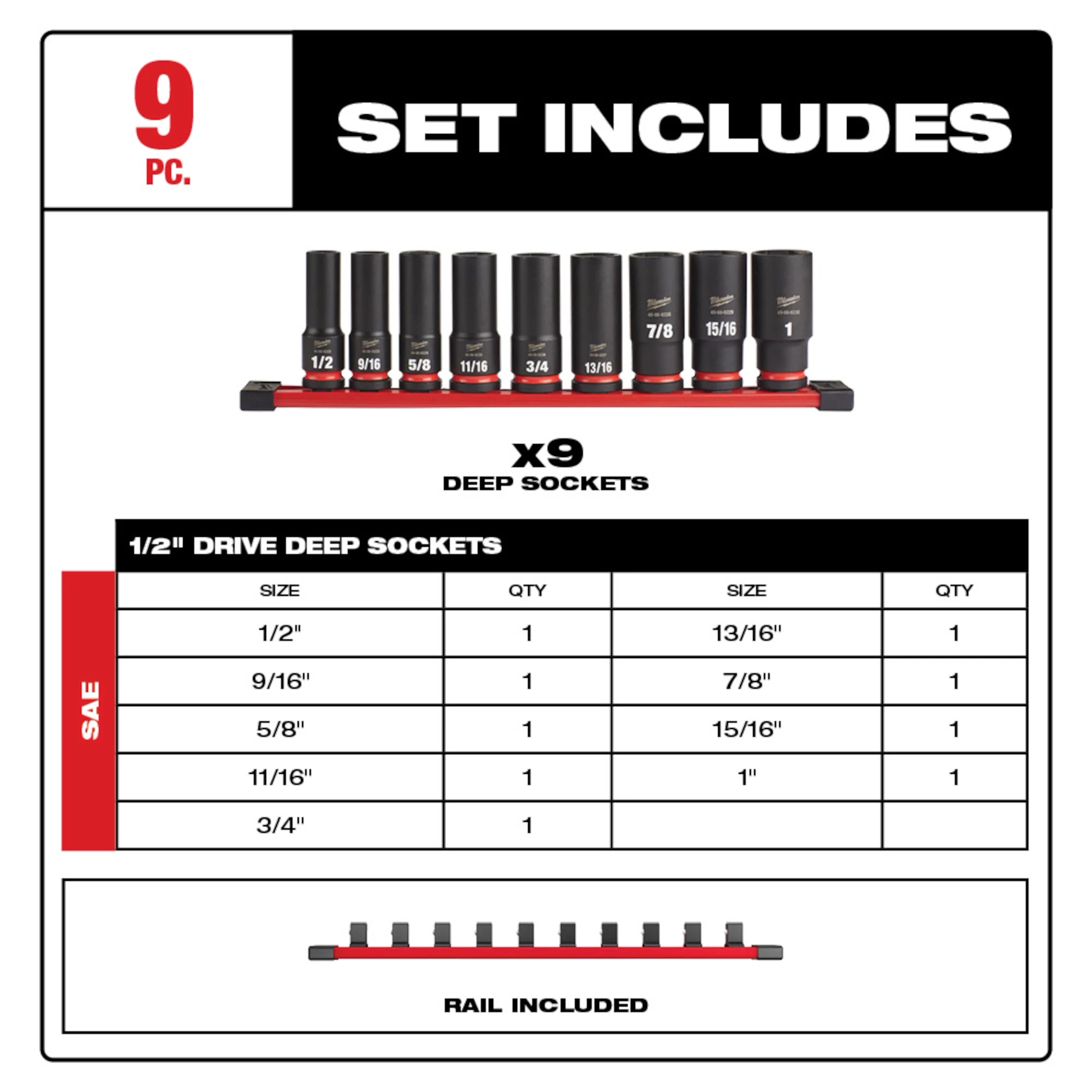 9PC SHOCKWAVE IMPACT DUTY(tm) 1/2" DRIVE SAE DEEP 6 POINT SOCKET SET