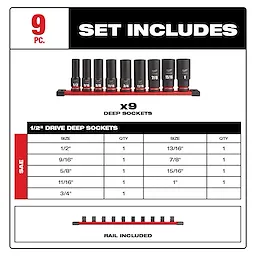 9PC SHOCKWAVE IMPACT DUTY(tm) 1/2" DRIVE SAE DEEP 6 POINT SOCKET SET