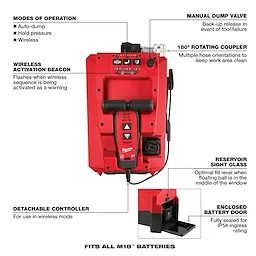 The image shows the M18™ FORCE LOGIC™ 10,000psi Hydraulic Pump. It features a detachable controller, wireless activation beacon, enclosed battery door, reservoir sight glass, 180° rotating coupler, and manual dump valve. Different modes of operation are also listed: Auto-dump, Hold pressure, and Wireless.