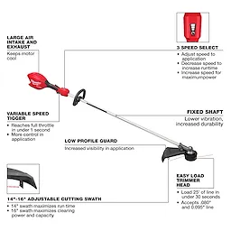 Red and black string trimmer with labeled features: adjustable speed, throttle trigger, fixed shaft, air intake, cutting swath, and trimmer head