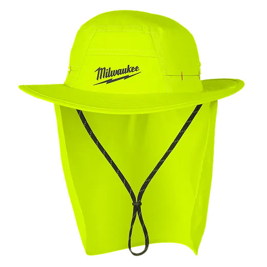 The WORKSKIN™ Sunshade Hat is bright yellow, with the Milwaukee logo on the front. It features a wide brim, neck shade, and an adjustable chin strap.