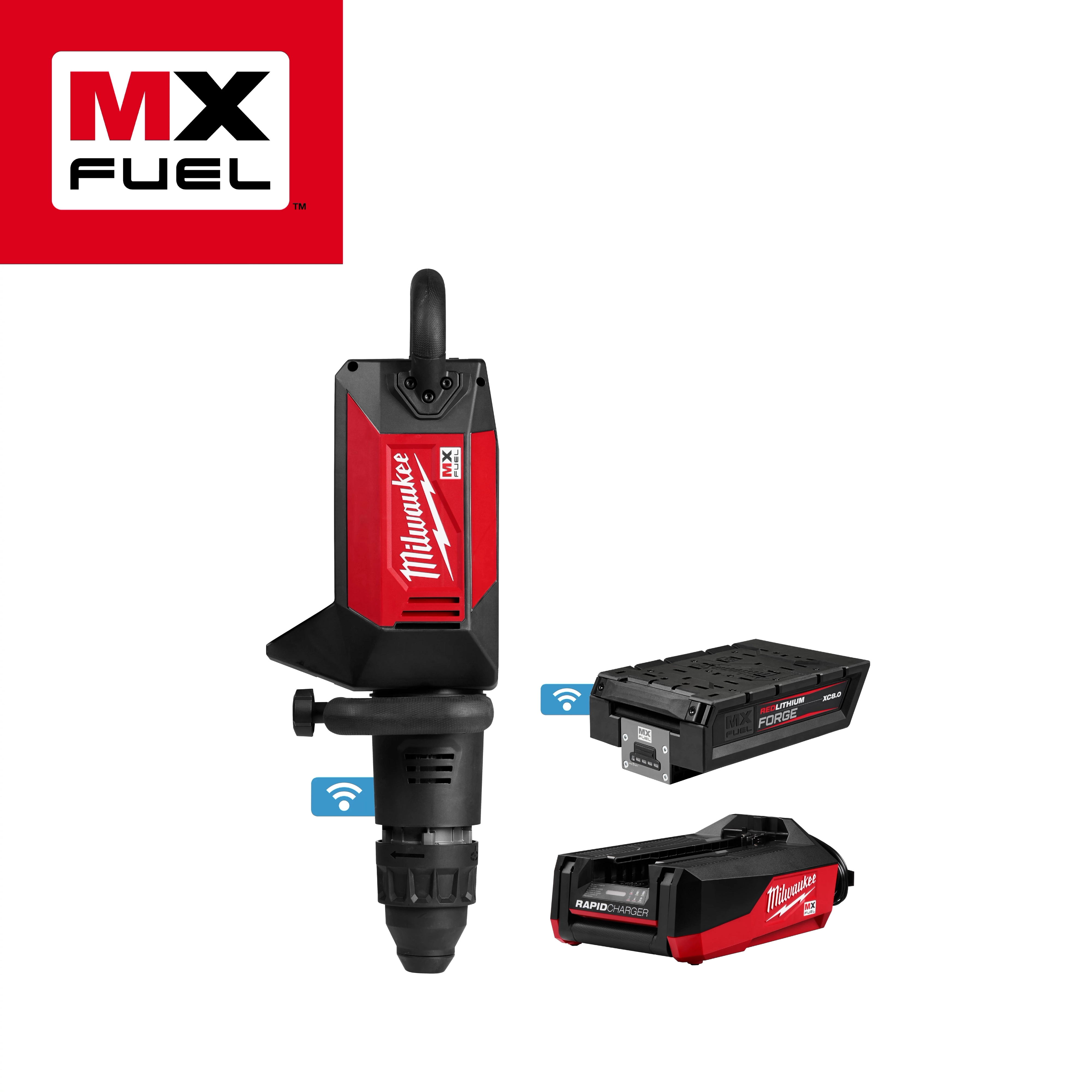MX FUEL 27 lb SDS MAX Demolition Hammer with two matching red and black power units on a plain background.