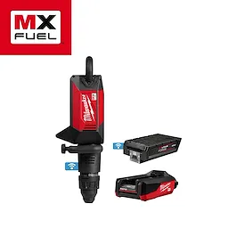 MX FUEL 27 lb SDS MAX Demolition Hammer with two matching red and black power units on a plain background.
