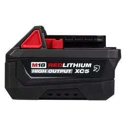M18 REDLITHIUM HIGH OUTPUT XC5 Resistant Battery Pack shown from the side with label and casing details.