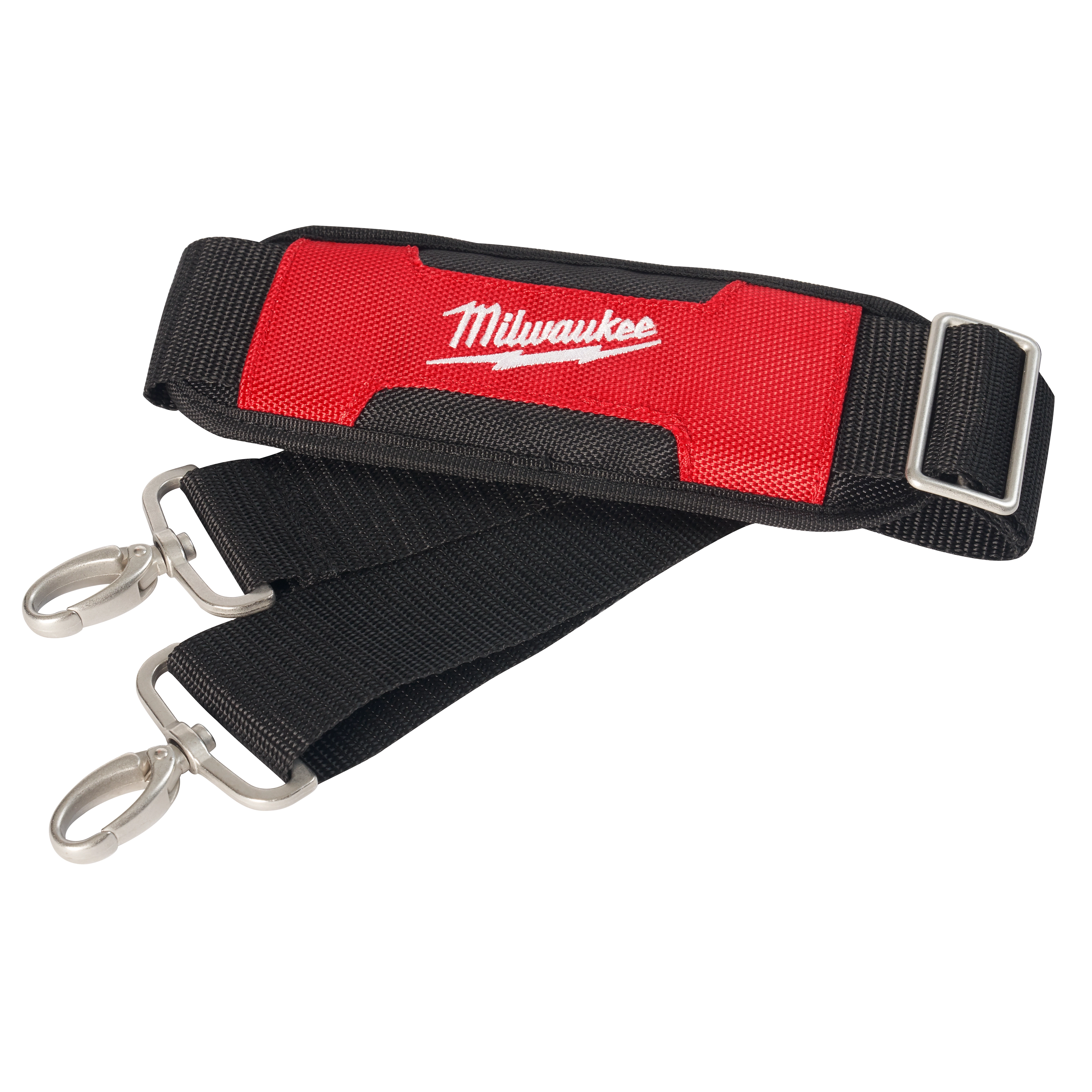 The Milwaukee Tool Strap features a red and black design with the Milwaukee logo. It has two metal hooks on either end for secure attachment and an adjustable buckle for length customization. The strap is made of durable material for carrying tools.