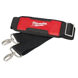 The Milwaukee Tool Strap features a red and black design with the Milwaukee logo. It has two metal hooks on either end for secure attachment and an adjustable buckle for length customization. The strap is made of durable material for carrying tools.
