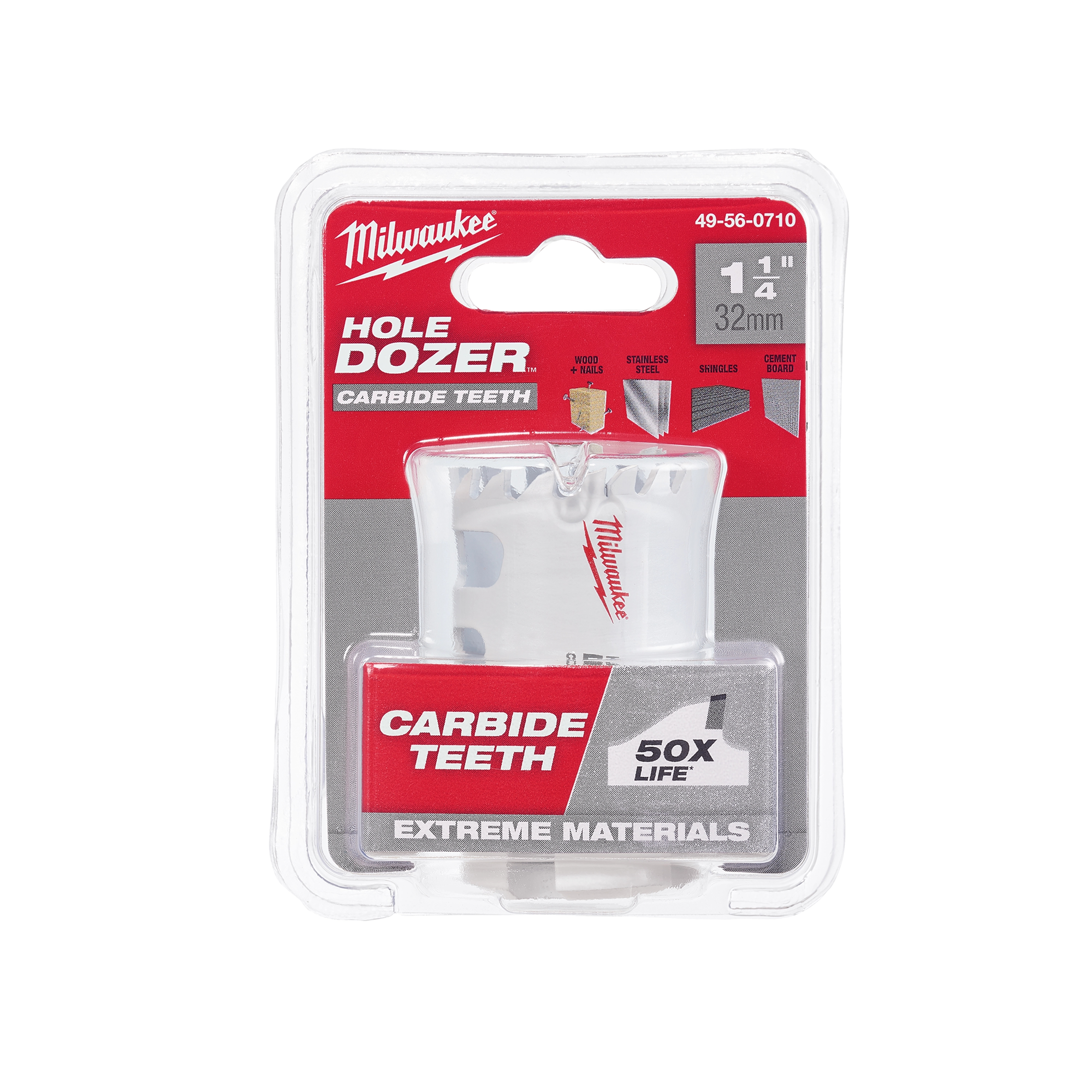 Milwaukee Hole Dozer 1-1/4" (32mm) hole saw with carbide teeth in packaging, labeled for extreme materials and 50X longer life.