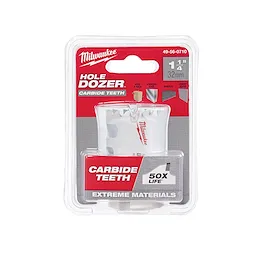 Milwaukee Hole Dozer 1-1/4" (32mm) hole saw with carbide teeth in packaging, labeled for extreme materials and 50X longer life.