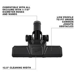 The Milwaukee 1-7/8" Pivoting Floor Tool features a 12.5" cleaning width and a low profile design for fitting under obstacles. It is compatible with all vacuums using 1-7/8" diameter hoses and wands.