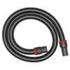 The 2-1/2” x 9' Flexible Hose is black with ribbed texture and features two connectors at either end. The connectors are gray with red accents. The hose is coiled in a circular shape.