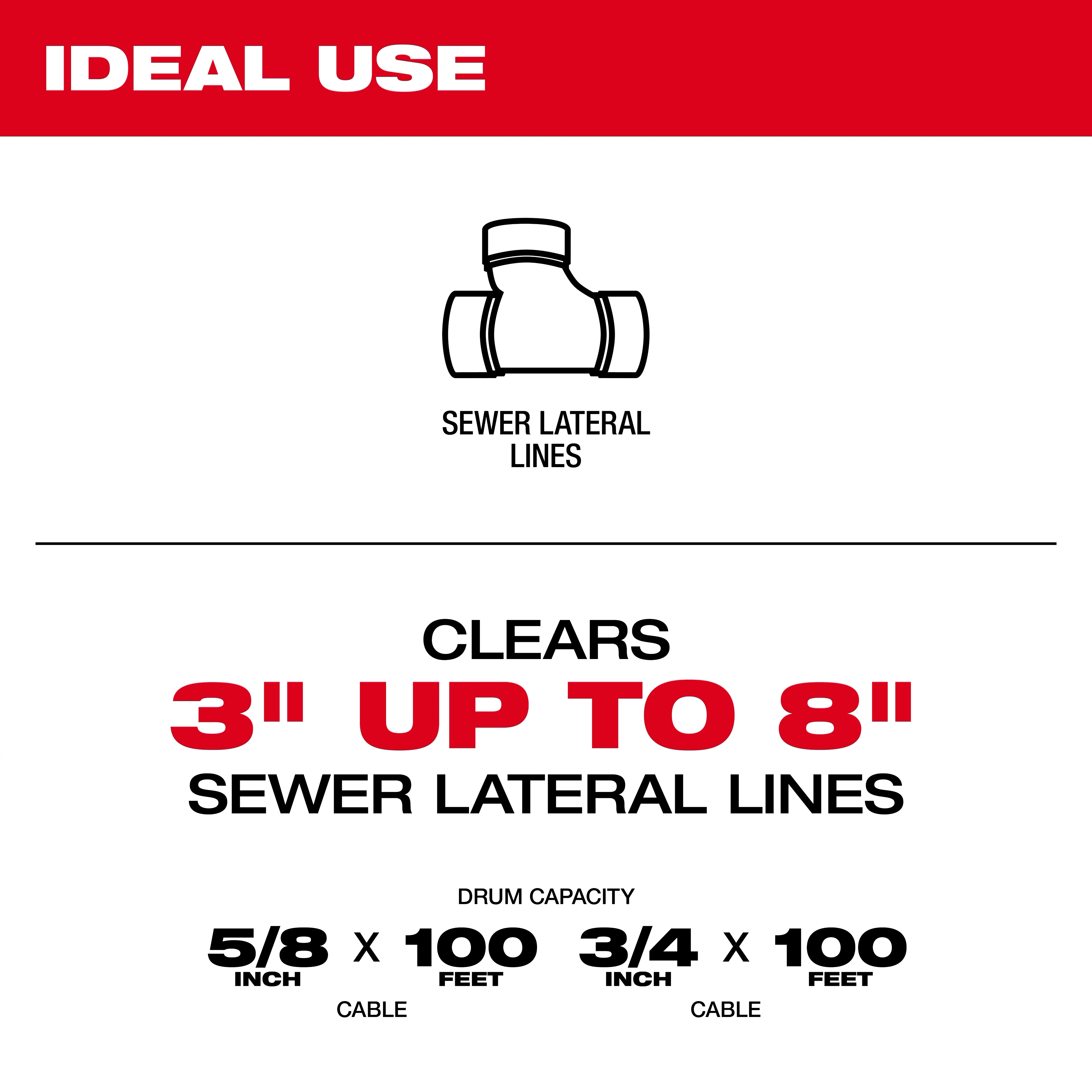 The Milwaukee Drum Capacity tool clears sewer lateral lines from 3 inches up to 8 inches wide. It uses 5/8 inch or 3/4 inch cables, each 100 feet long. Ideal for maintaining sewer lateral lines efficiently.