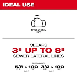 The Milwaukee Drum Capacity tool clears sewer lateral lines from 3 inches up to 8 inches wide. It uses 5/8 inch or 3/4 inch cables, each 100 feet long. Ideal for maintaining sewer lateral lines efficiently.