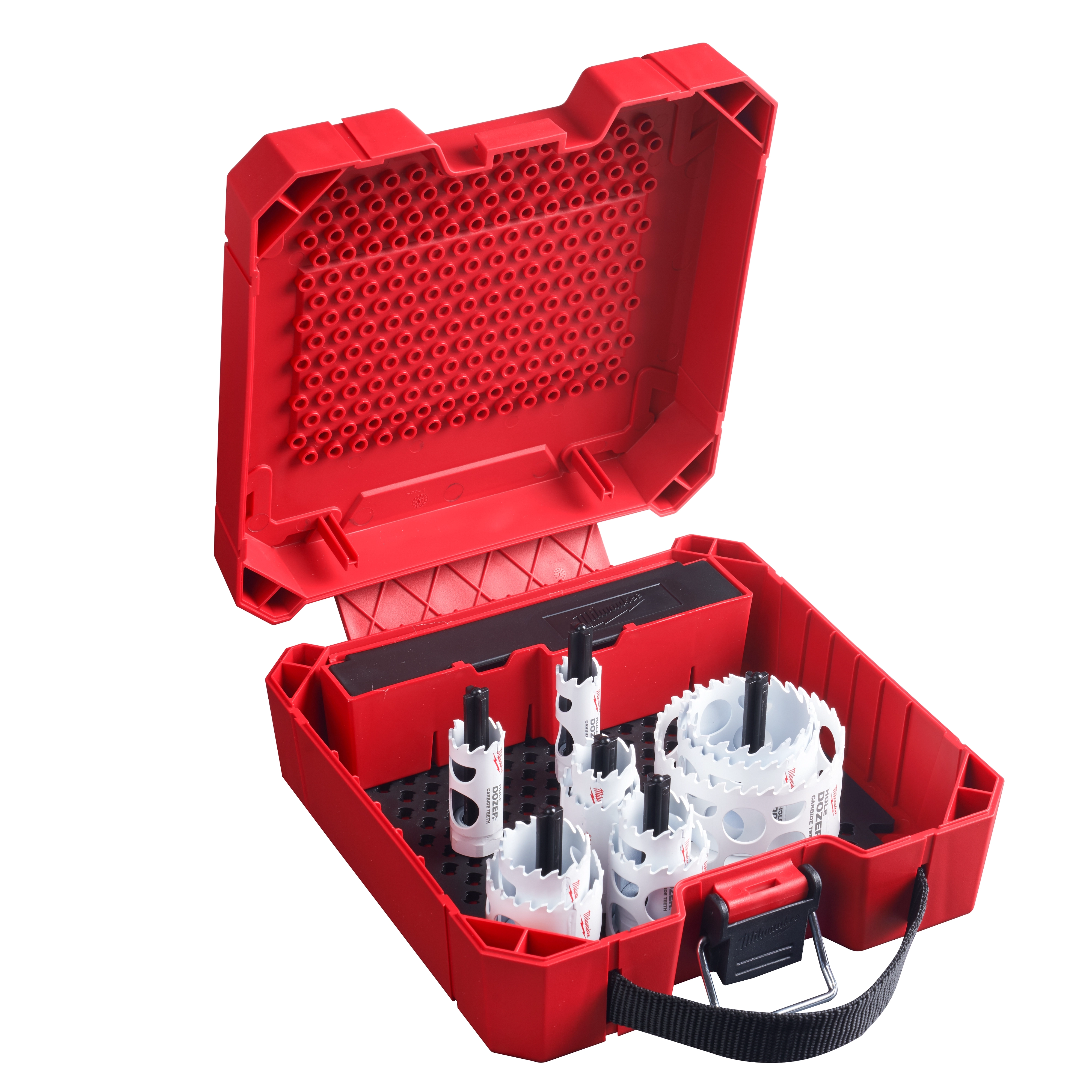 Red plastic case containing seven white hole saws and two black mandrels, labeled 15%20PC%20Carbide%20Dozer%20Kit.
