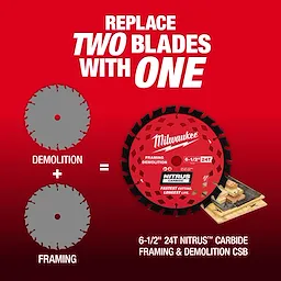 6-1/2” 24T NITRUS Carbide Framing & Demolition Circular Saw Blade displayed between two generic saw blades.