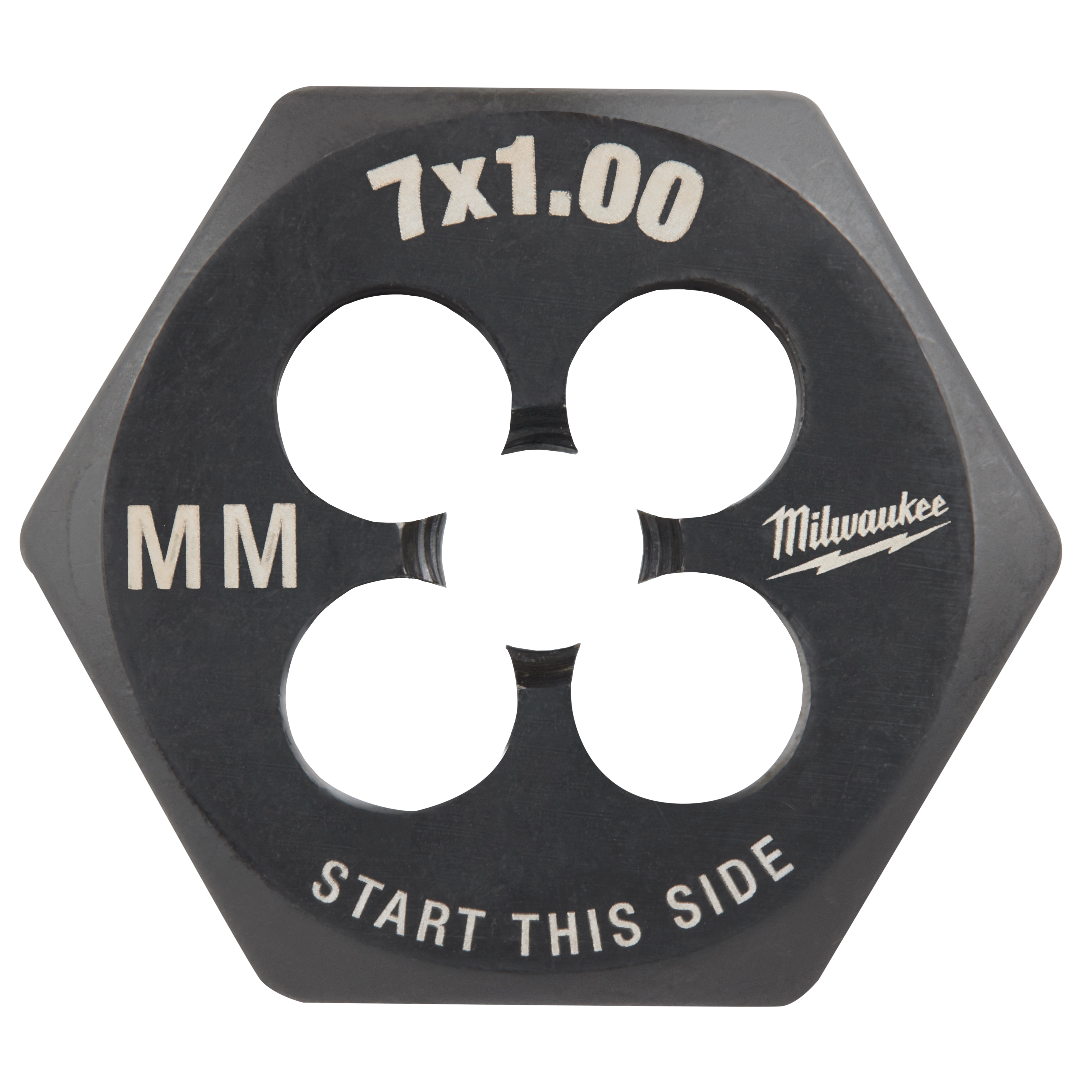 M7-1.00%20mm%201-Inch%20Hex%20Die, a black hexagonal cutting tool, marked with "7x1.00," "MM," and "Start This Side".
