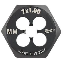 M7-1.00%20mm%201-Inch%20Hex%20Die, a black hexagonal cutting tool, marked with "7x1.00," "MM," and "Start This Side".