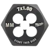 M7-1.00%20mm%201-Inch%20Hex%20Die, a black hexagonal cutting tool, marked with "7x1.00," "MM," and "Start This Side".