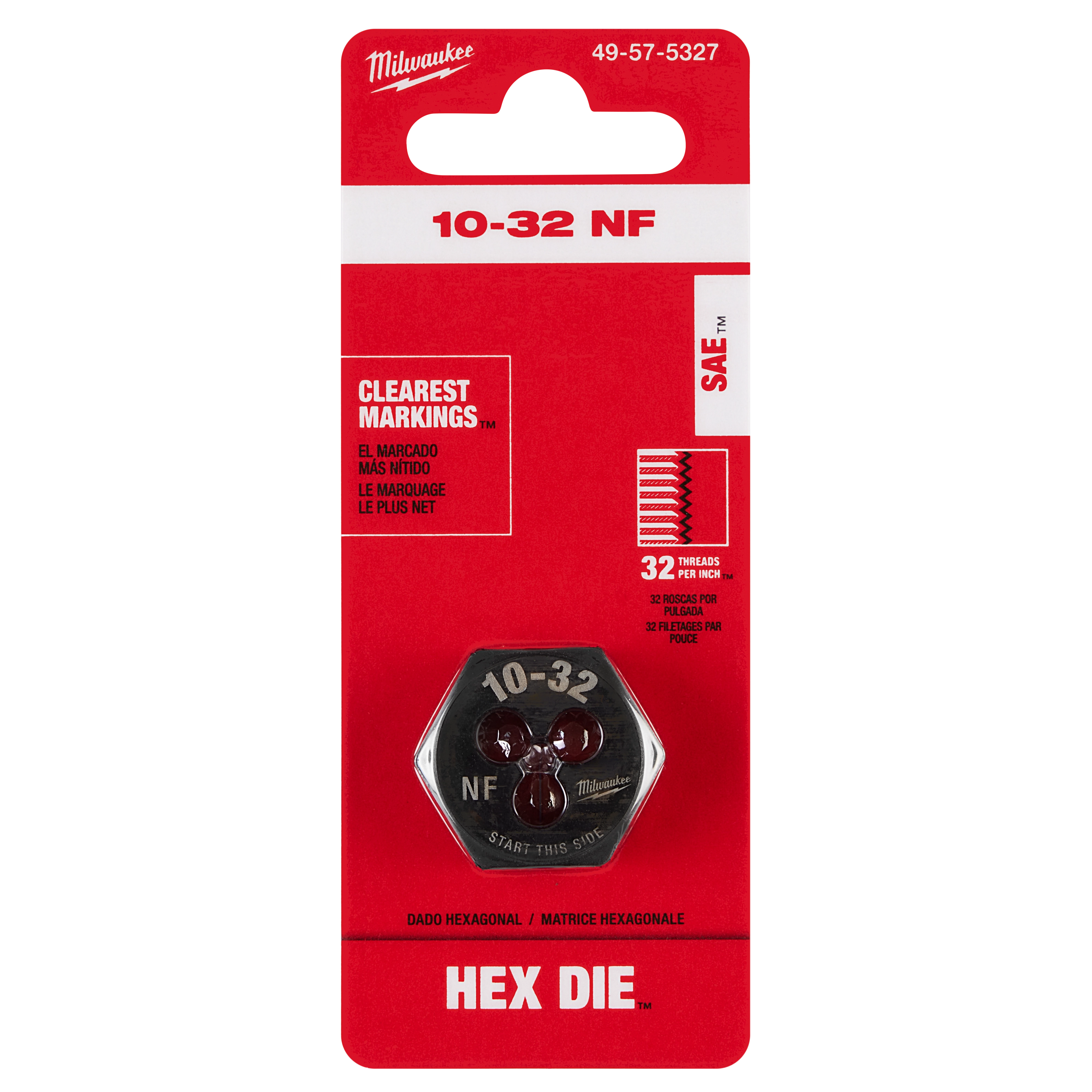 Front packaging of the 10-32 NF 1-Inch Hex Threading Die, featuring clear markings and 32 threads per inch specifications.
