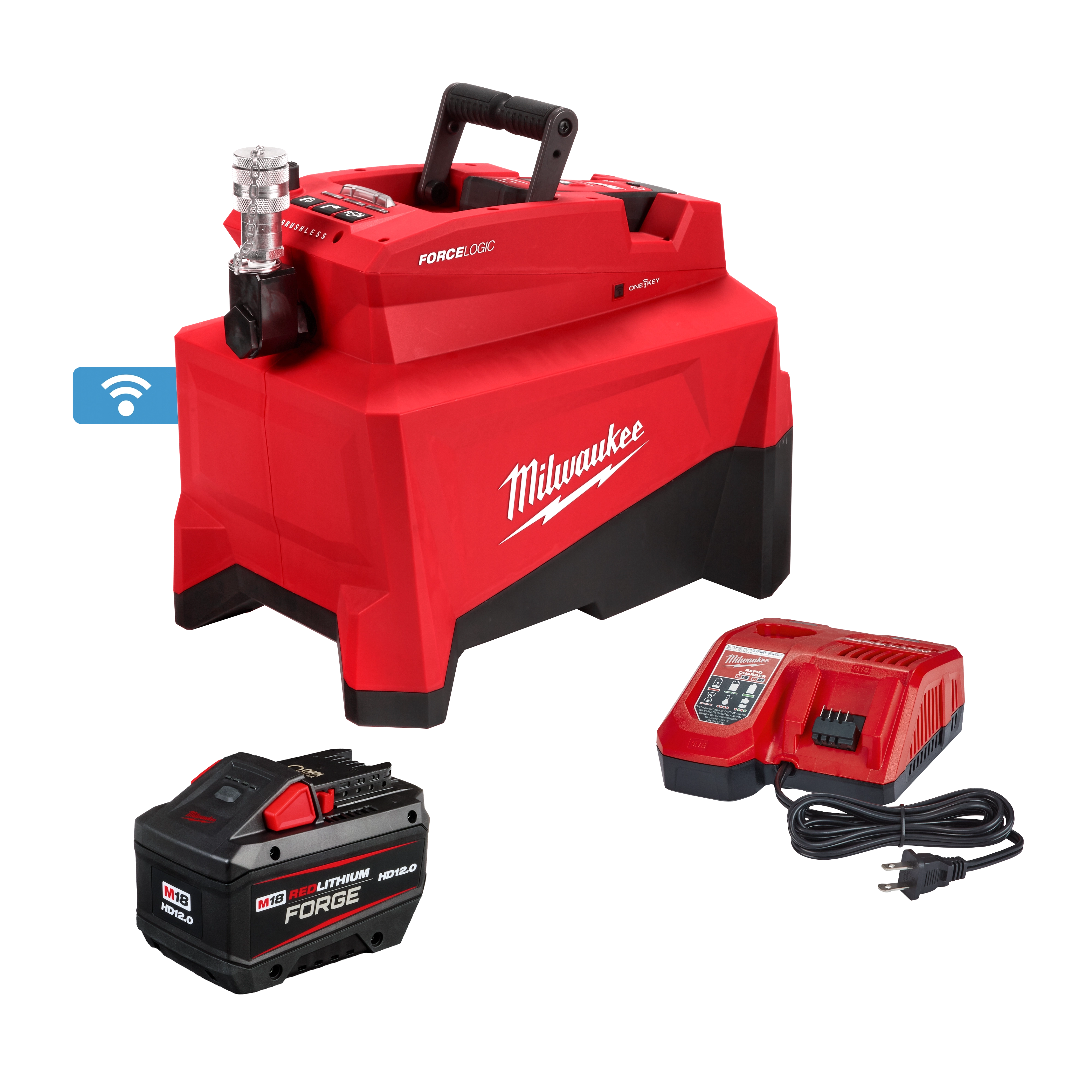 Image of the M18™ FORCE LOGIC™ 10,000psi Hydraulic Pump Kit by Milwaukee. The kit includes a red and black hydraulic pump, a battery pack, and a battery charger. The pump has a handle on top and visible connectors.

