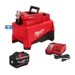 Image of the M18™ FORCE LOGIC™ 10,000psi Hydraulic Pump Kit by Milwaukee. The kit includes a red and black hydraulic pump, a battery pack, and a battery charger. The pump has a handle on top and visible connectors.

