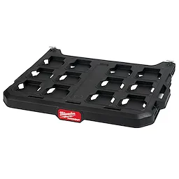 Black PACKOUT Racking Shelf with multiple cut-out sections and a red label with the brand name at the front.