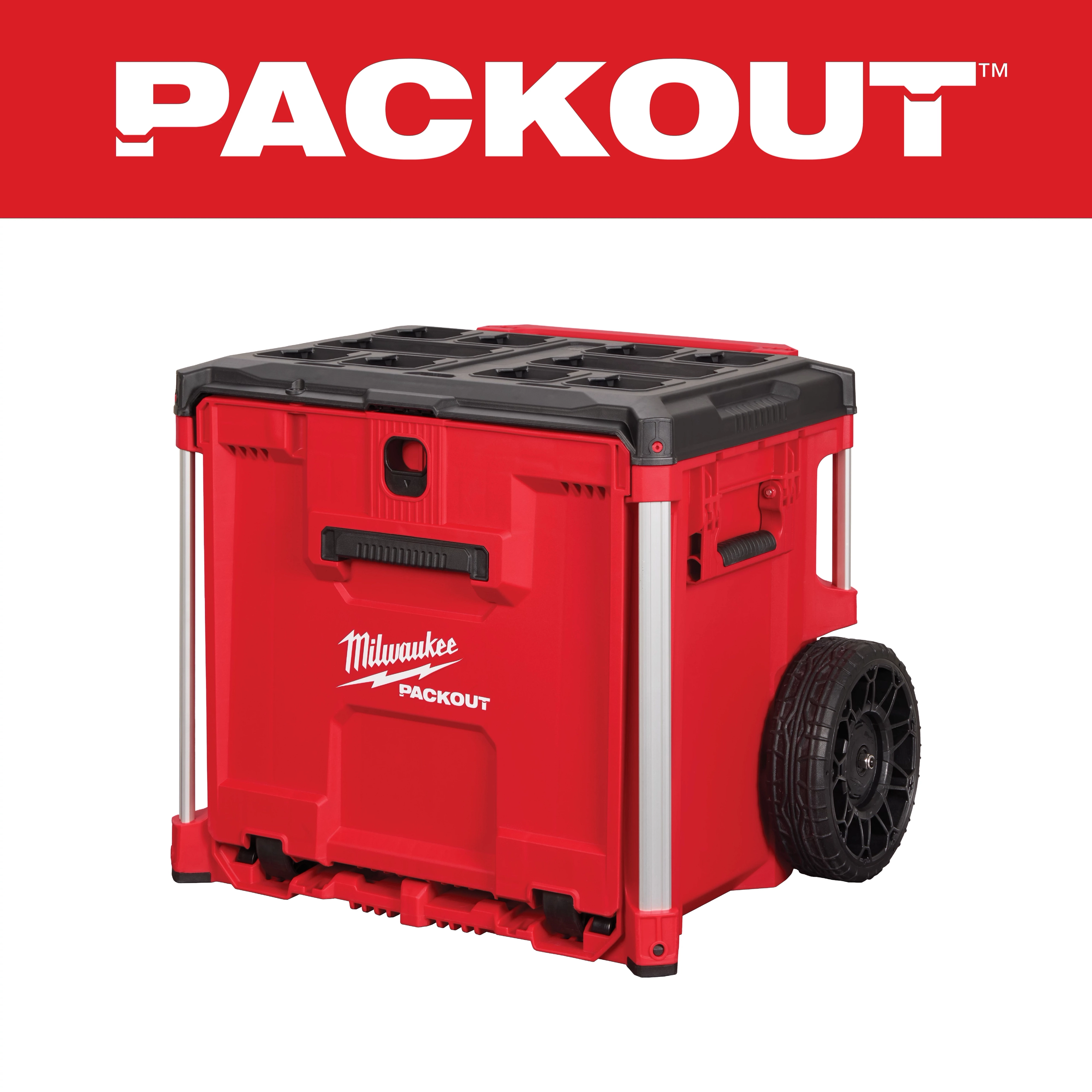 Milwaukee Packout red rolling storage box with black top, featuring a handle and large wheels. The Packout logo is on the front.