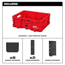 PACKOUT Low-Profile Crate with short, long, and middle dividers arranged below it on a white background.