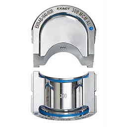 The FORCELOGIC™ M18™ 750 MCM Crimper Kit includes a crimping die set with the marking "EXACT 300 MCM AL." The die set features a silver metallic finish with blue accents and is designed for crimping 300 MCM aluminum conductors.