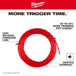 Milwaukee Trimmer Line, shown coiled in a red loop, promises 45% more trimming per charge, less reloads, and quieter trimming compared to other trimmer lines.