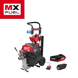 MX FUEL Sewer Drum Machine for 5/8“ - ¾“ Cable Kit with wheeled body, handle, foot pedal, and battery pack.