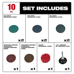 The image shows the contents of a 10PC 2" Quick Change Disc Kit, 50 GRIT SANDING DISC. It includes various discs such as 24, 36, 50 grit sanding discs, medium grade, coarse grade surface conditioning discs, a paint removal disc, and a 1/4" arbor with backer pad.