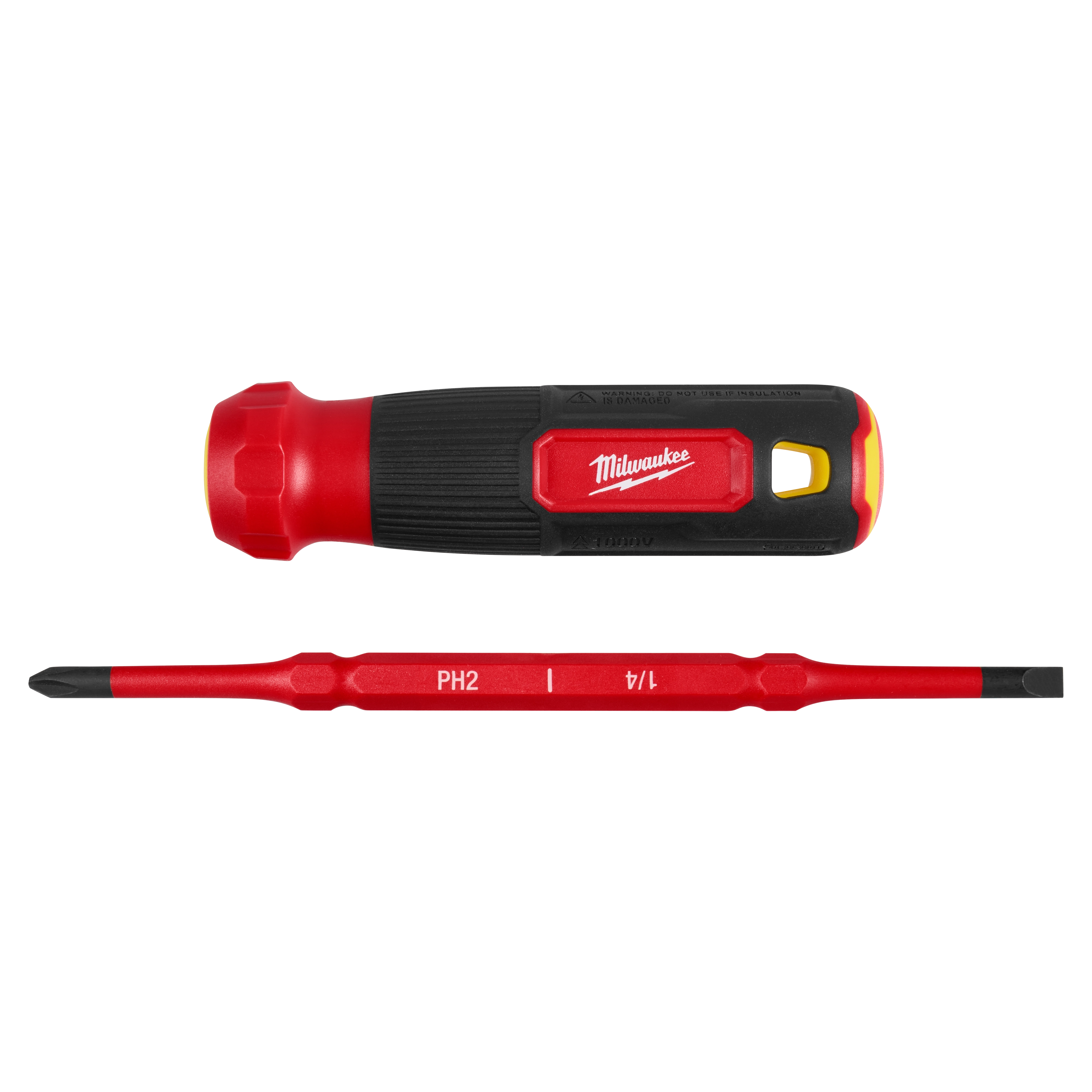The Milwaukee 2-in-1 1000V Insulated Flip Shank Multi-Bit Screwdriver features a handle with a detachable, double-ended bit including PH2 and 1/4" sizes. The tool provides insulation for electrical work up to 1000 volts.