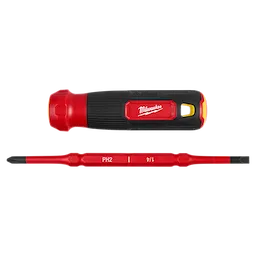 The Milwaukee 2-in-1 1000V Insulated Flip Shank Multi-Bit Screwdriver features a handle with a detachable, double-ended bit including PH2 and 1/4" sizes. The tool provides insulation for electrical work up to 1000 volts.