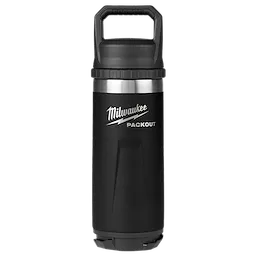 Black Milwaukee PACKOUT 18oz Insulated Bottle with Chug Lid featuring a handle and stainless steel band near the lid.