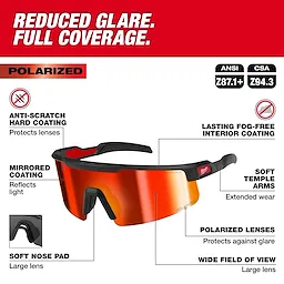 Polarized Wrap Around Safety Glasses with red mirrored dual coat lens, featuring anti-scratch, fog-free coatings, and soft nose pad.