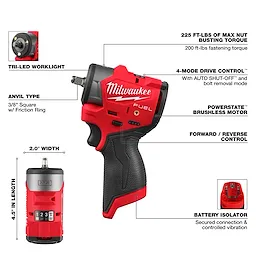 Milwaukee M12 FUEL 3/8" Subcompact Impact Wrench with Friction Ring features a Powerstate brushless motor, tri-LED work light, 4-Mode drive control with auto shut-off, forward/reverse control, and a battery isolator. It offers 225 ft-lbs of maximum nut-busting torque and 200 ft-lbs of fastening torque.