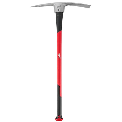 The 5lb Pick Mattock (34" Handle) has a durable, red and black fiberglass handle with a forged steel head. It is designed for heavy-duty digging and chopping in tough soil and roots.