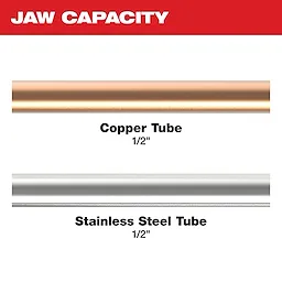 Milwaukee's jaw capacity for 1/2" copper and stainless steel tubes, with images of each pipe and capacity noted in black text.